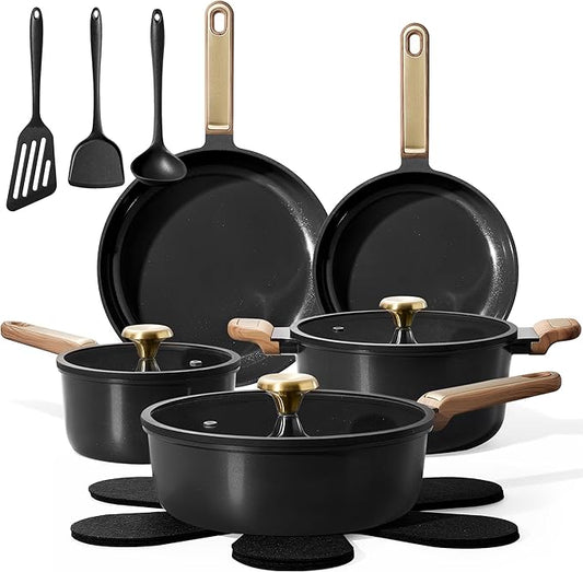 CAROTE Ceramic Cookware Set Nonstick, 16pcs Pots and Pans Set Nonstick, Non-Toxic & PFAS-Free, Dishwasher, RV/Camping Cookware Set, Cooking Pots with Lids, Charcoal Black