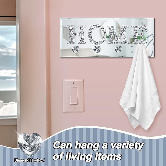Keys Holder on Wall Crush Diamond Mirrored Home Letter Plaque Sign Wall Mounted Clear Heart Shape Hooks Key Hanger Christmas Gift Door Bookshelf Decorative
