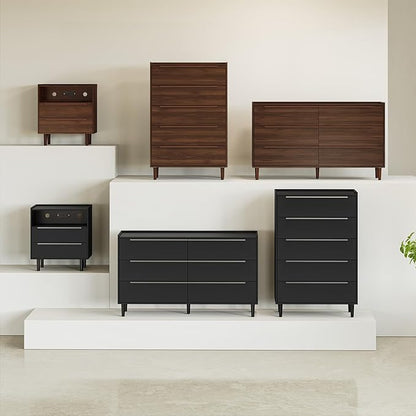 5-Drawer Dresser, 48" Tall Walnut Chest of Drawers for Bedroom, Mid Century Modern Storage Organizer for Closet, Hallway, or Small Apartment