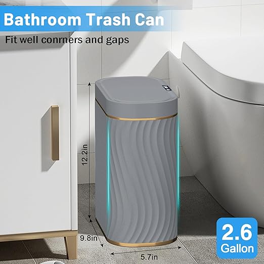 Bathroom Small Trash Can with Automatic Touchless Lid, 2.6 Gallon Smart Garbage Can Narrow Waterproof Trash Bin for Bedroom, Office, Living Room