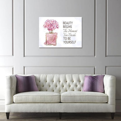 arteWOODS Fashioner Perfume Canvas Wall Art Gold Bottle Pink Flower Canvas Pictures Brown Inspirational Words Canvas Prints Motivational Quetos Wall Decor for Bathroom Bedroom Powder Room 28" X 20"