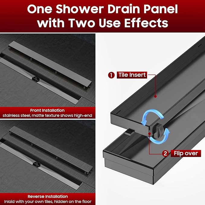 DLONE Linear Shower Drain | 28" AISI 304 Stainless Steel Linear Drain, Gun Gray Shower Drain with Tile Insert Panel & Adjustable Feet, Rectangle Shower Floor Drain in Bathroom, Balcony, etc
