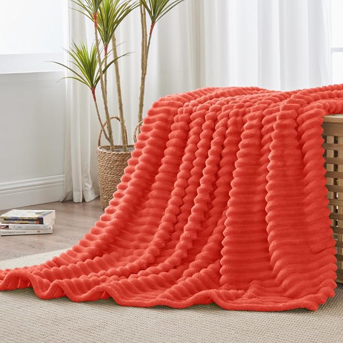 BEDELITE Fleece Throw Blanket for Couch - 300GSM Soft & Warm Fluffy Coral Red Blanket, Decorative and Giftable Striped Blankets for Women, Men, 50"x60"