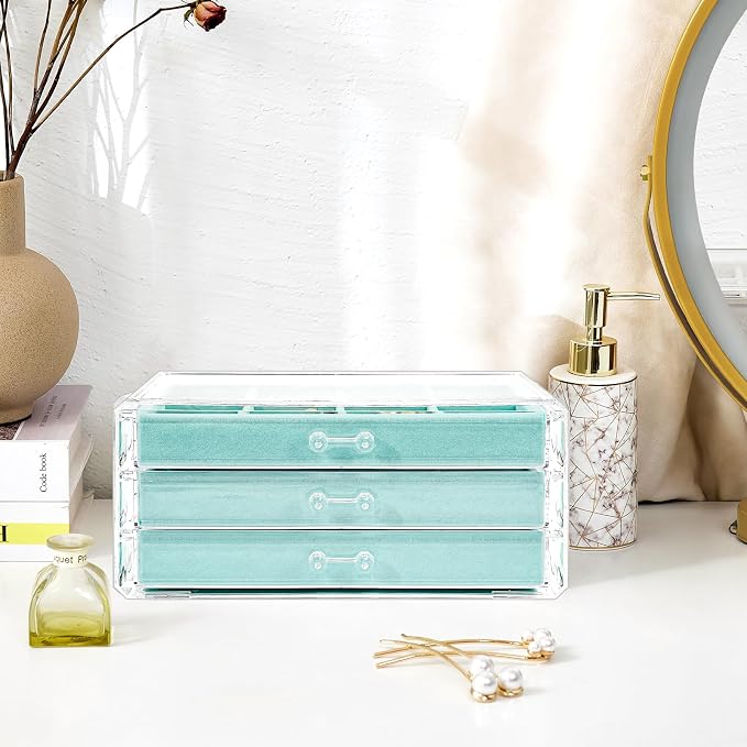 ProCase Earring Holder Organizer Jewelry Box with 3 Drawers, Acrylic Clear Earring Case with Adjustable Velvet Trays for Women - Aqua, 3 Layers