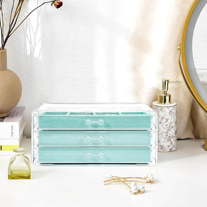 ProCase Earring Holder Organizer Jewelry Box with 3 Drawers, Acrylic Clear Earring Case with Adjustable Velvet Trays for Women - Aqua, 3 Layers