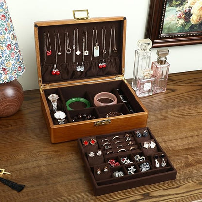 Solid Walnut Wood Jewelry Box with Lock, 2-Layer Vintage Jewelry Organizer for Men Women, Velvet-Lined Storage Chest with Key Lock (Brown)