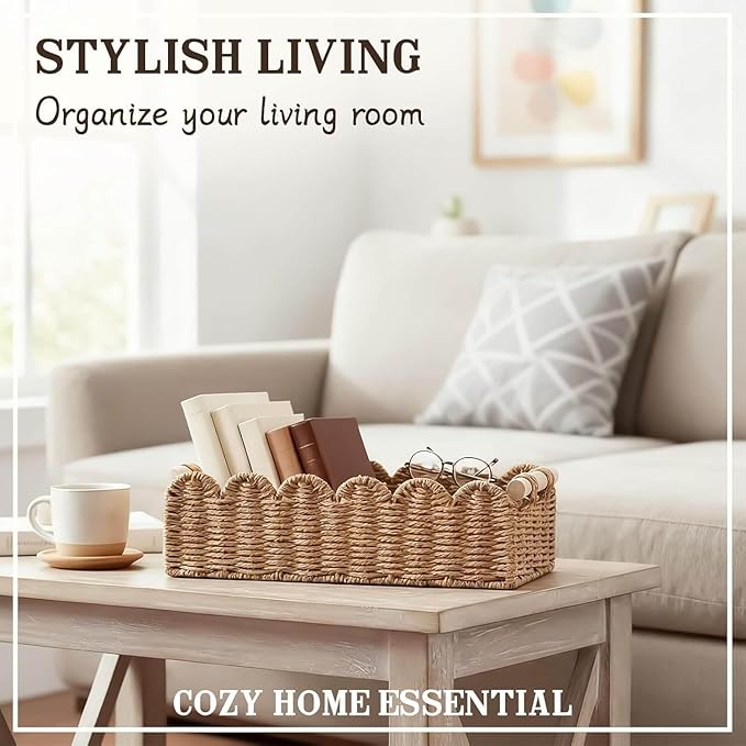 CubesLand Scalloped Decor Basket for Living Room, Home, Bathroom, 2SAME SIZE Paper Rope Basket, Toilet Storage Baskets for Over Toilet Storage Shelf, Cute Woven Basket Both Storage&Decor, Neutral