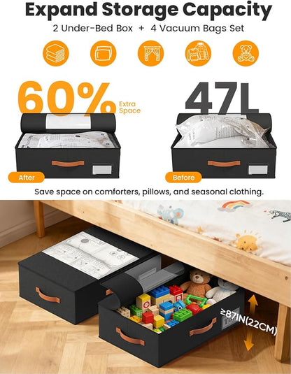 TOSKING 2-Pack Under Bed Storage Bins with Wheels, 4 Vacuum Bags, Heavy Duty 80 lbs, 7.9" Height, 47L Clear Lid Organizer, Space Saver for Dorm Bedroom Clothes Shoes Toys, Quick Assembly, Black