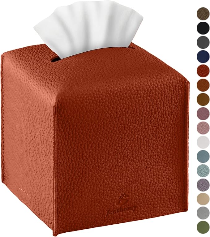 Tissue Box Cover, Jeethemy Square PU Leather Tissue Box Holder, Modern Tissue Case Facial Paper Organizer Dispenser，5X5X5'',Single Brick Red