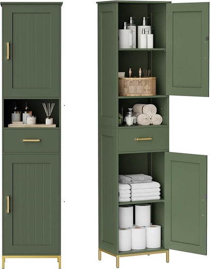 Homhedy 67" H Bathroom Storage Cabinet, Tall Storage Cabinet with Adjustable Shelves, Freestanding Cabinet with Doors and Drawer, Narrow Cabinet for Bathroom, Living Room, Kitchen, Dining Room, Green