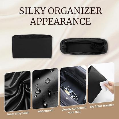 Purse Organizer Insert, Satin Tote Bag Organizer with 8 Sizes, Handbag Dividers for Inside Purse, Compatible with Longchamp, Neverful, 25C Hobo and More Bags（Slender Medium,Black）