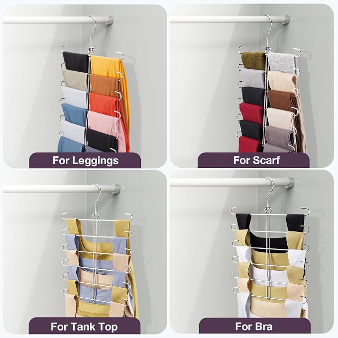 Leggings Hangers for Closet,Metal Pants Hangers Hold 12 Leggings,Scarf Organizer,Closet Organizer for Yoga Pants,Scarf,Tank Tops,Bra,Jeans