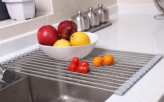 Ahyuan Roll up Dish Drying Rack Over The Sink Kitchen Roll up Sink Drying Rack Portable Dish Drainer Foldable Dish Drying Rack (Warm Gray, 17.8''X11.8'')