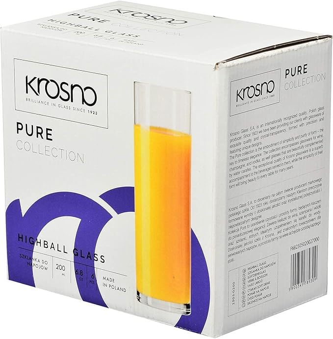 Krosno Tall Water Juice Drinking Highball Glasses, Set of 6 pieces, 6.8 oz, Pure Collection,Ideal for Everyday Use, Drinking Glasses, Dishwasher Safe, Made in Europe