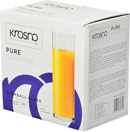Krosno Tall Water Juice Drinking Highball Glasses, Set of 6 pieces, 6.8 oz, Pure Collection,Ideal for Everyday Use, Drinking Glasses, Dishwasher Safe, Made in Europe