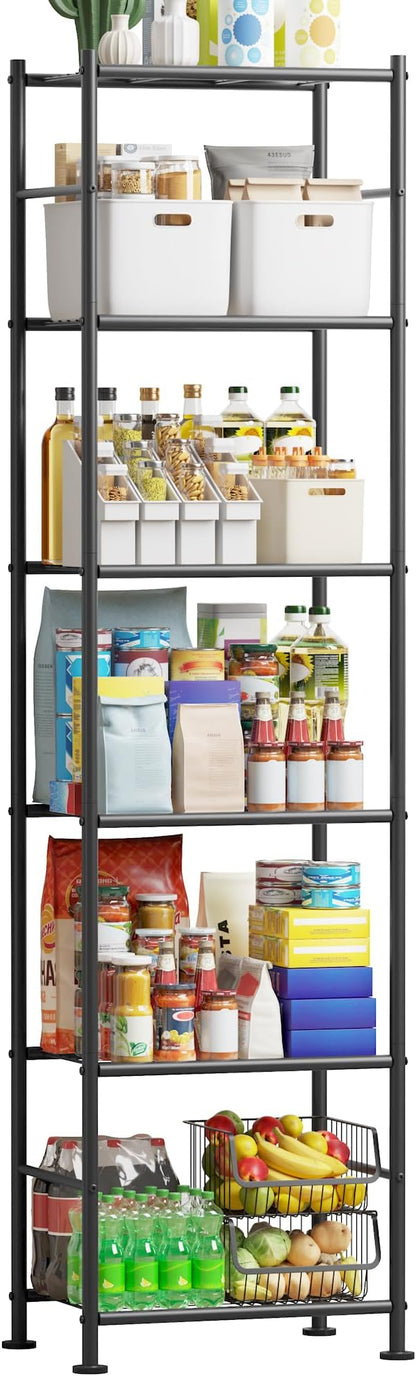 Sakugi Storage Shelves - 6 Tier Shelf Organizer, Sturdy Metal Garage Shelving with Adjustable Leveling Feet, Space-Saving Shelves Organizer for Pantry, Laundry, Kitchen (18" x 12" x 70", Black)