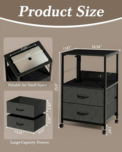 Faesun Swivel Lift Top Nightstand with Charging Station, Rolling Side Table for Recliner, Bedside Table with Wheels & 2 Fabric Drawers, for Small Spaces, for Bedroom, Living Room, Black Gray