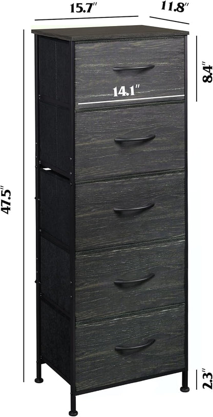 WLIVE Fabric Dresser, 5-Drawer Tall Dressers for Bedroom, Storage Dresser Organizer with Wood Top, Sturdy Steel Frame, Chest of Drawers for Closet, Hallway, Charcoal Black Wood Grain Print