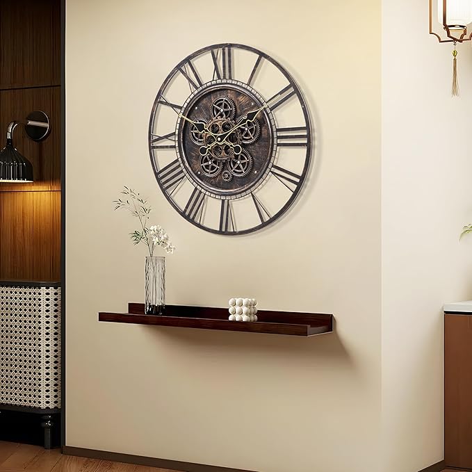 LEIKE Moving Gear Large Wall Clock 24inch/60cm Copper, Decorative Wall Clocks for Living Room, Unique Farmhouse Steampunk Metal Wall Clock Decor, Office Wall Clocks