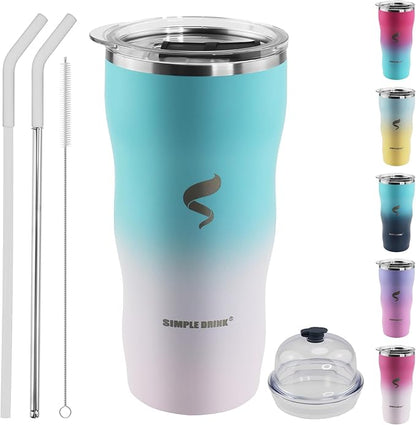 20Oz Insulated Tumbler With Straw And Lid, Stainless Steel Coffee Cup, Double Wall Vacuum Travel Mug,Spill proof Iced Coffee Tumbler,Outside Use,White Blue Tumbler