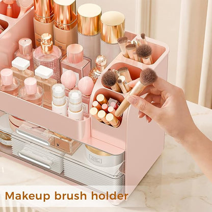 Makeup Organizer for Vanity with Brush Holder, Large Bathroom Countertop Organizer & Skincare Storage | Perfume, Cosmetics Display Case with Drawers (Pink)