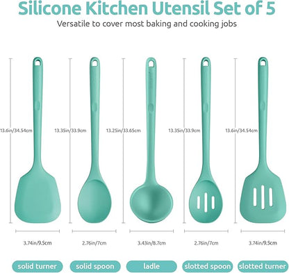 600ºF Heat Resistant Kitchen Utensil: U-Taste 13.6" Extra Long Silicone Cooking Tools Set, Food-Grade Non-Stick Solid and Slotted Turner Spatula, Mixing Spoon, and Soup Ladle (5 Pieces, Aqua Sky)