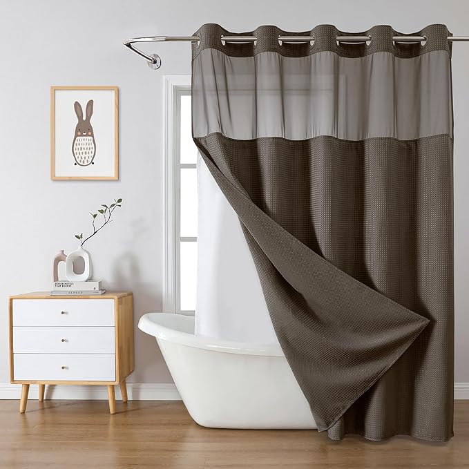 Brown Extra Long No Hook Waffle Weave Shower Curtain with snap-in Liner Replacement, 230GSM Waterproof Fabric Hotel Shower Curtain Set for Bathroom, Through Mesh Top Window,71Wx86H