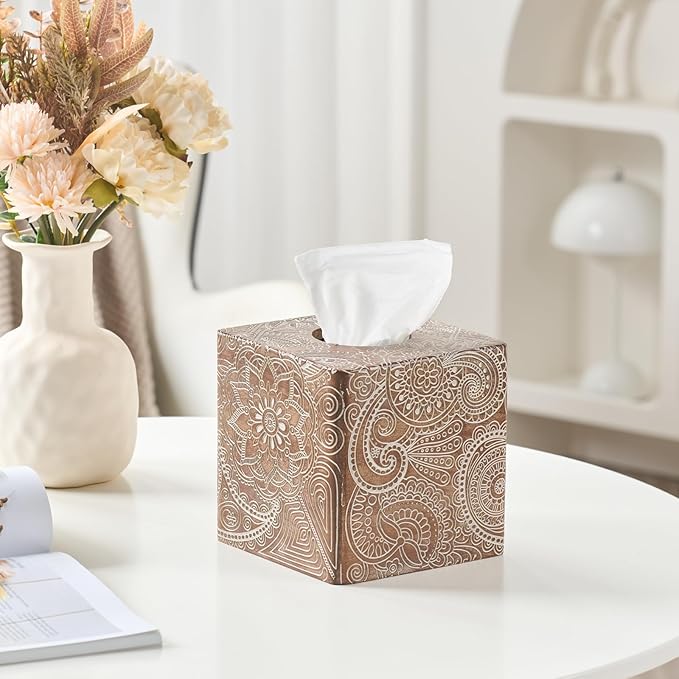Vintage Wood Carved Square Tissue Box Cover Decorative,Napkin Dispenser,Facial Paper Holder for Bathroom Vanity Countertop,Bedroom Dresser,Night Stand, Desk, Office and End Table,Boho Flowers
