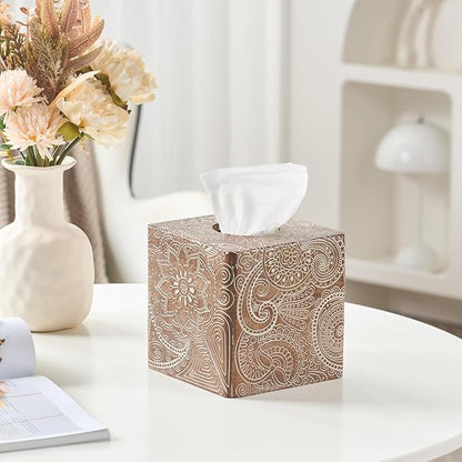 Vintage Wood Carved Square Tissue Box Cover Decorative,Napkin Dispenser,Facial Paper Holder for Bathroom Vanity Countertop,Bedroom Dresser,Night Stand, Desk, Office and End Table,Boho Flowers