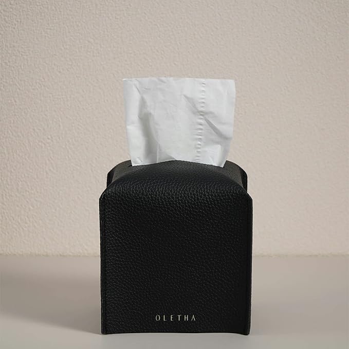OLETHA Square Tissue Box Cover - Aesthetic Desk Decor for Room, Home & Office - Tissues Cube Boxes Holder - Black, Set of 2