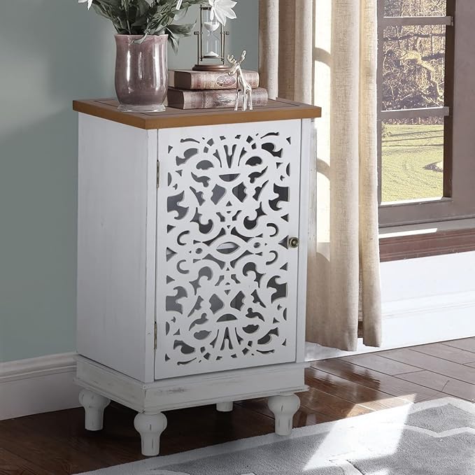 Sophia & William Accent Cabinet Small, 31.5" Tall Side End Table, Distressed Nightstand with Wooden Frame and Hollow Carved Door, White