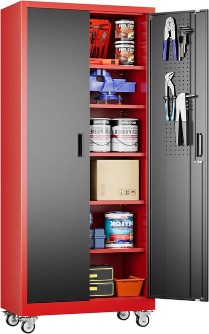 Aobabo Metal Garage Storage Cabinets with Wheels,Steel Cabinets with 5 Adjustable Shelves for Garage Home Office Storage, Red-Black,Assembly Required