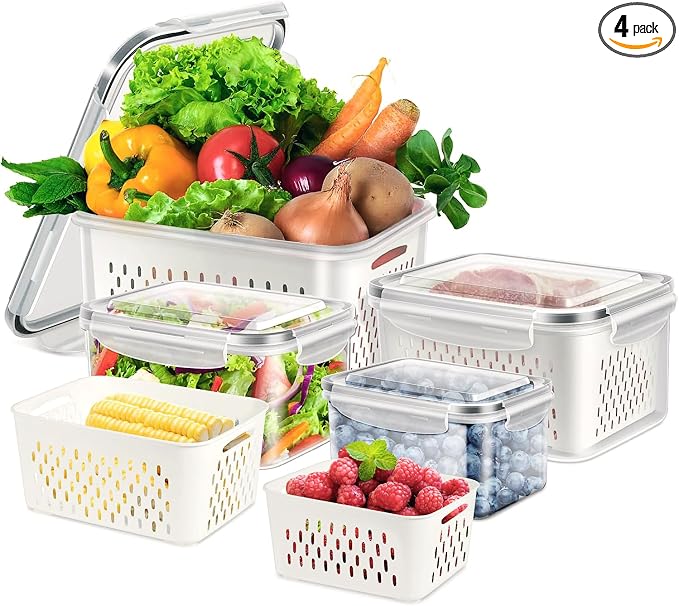 8 Pieces Fruit Storage Containers for Fridge with Lids and Strainer, 4Pack Fruit Containers for Fridge, Fresh Produce Saver Keeper for Vegetable Fruit Salad, BPA Free Fruit Organizer for Refrigerator