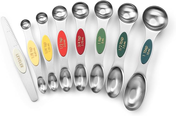 Spring Chef Stainless Steel Magnetic Measuring Spoons Set of 8 with Leveler, Metal Teaspoon & Tablespoon Measure Spoons Set for Baking & Cooking, Stackable & Double Sided Kitchen Gadgets - Very Merry