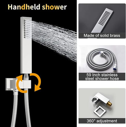 AYIVG Chrome Multi Functions Thermostatic Concealed Shower System 16 X 26 Inch And 8 inch Ceiling Dual Rainfall Shower Heads System Fixtures With Body Jets And Handheld Shower Faucet Set