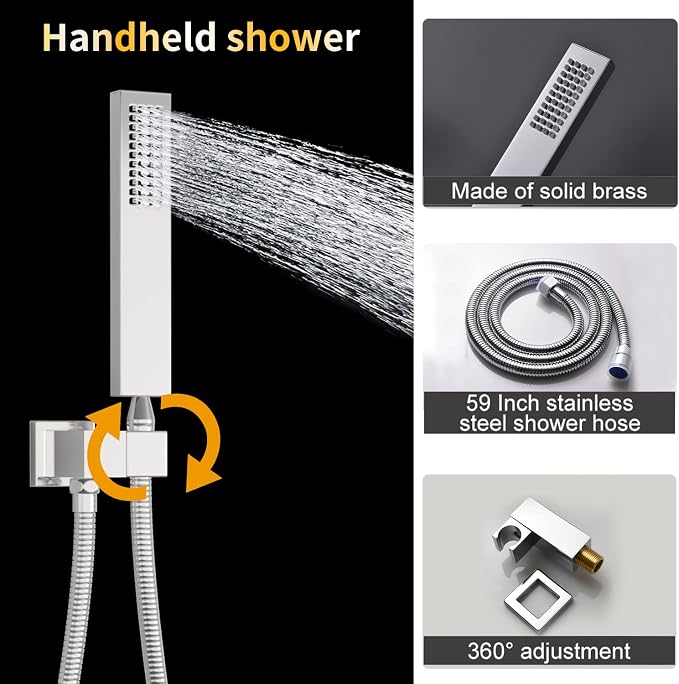 AYIVG Chrome 16 x 26 Inch Ceiling Mount Thermostatic Rainfall Shower System 64 Color LED Control Rainfall Shower Head Handheld With Body Jet Shower Faucet Set Temperature Display Shower System
