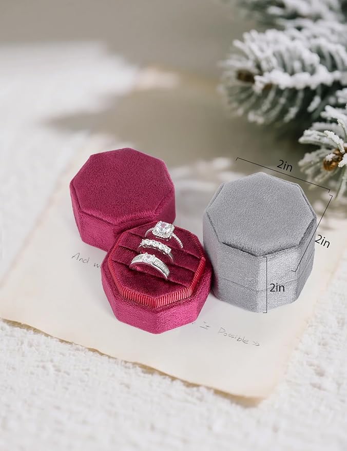 Velvet Ring Box, 3 Slots Wedding Ring Box, Vintage Octagon Premium Jewelry Display Holder Gift Box with Detachable Lid for Engagement Wedding Box Keepsake Box Bridal Photo