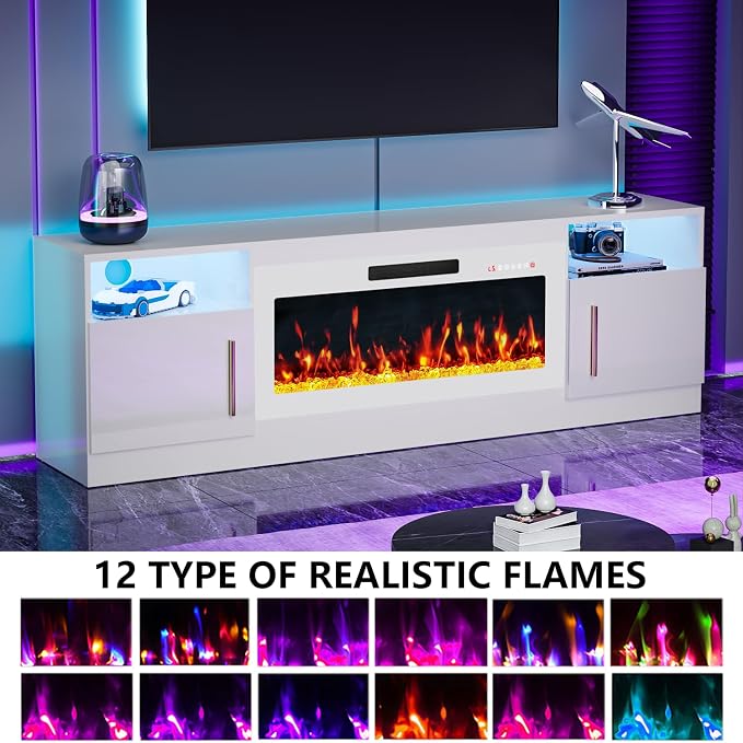 PRETZI Fireplace TV Stand with 36" Fireplace Up to 80" TVs,70" Entertainment Center with LED Lights,Remote Control,TV Media Console with Storage Cabinets for Living Room, White+White