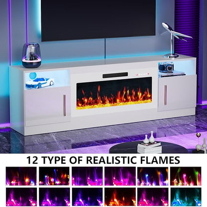 PRETZI Fireplace TV Stand with 36" Fireplace Up to 80" TVs,70" Entertainment Center with LED Lights,Remote Control,TV Media Console with Storage Cabinets for Living Room, White+White