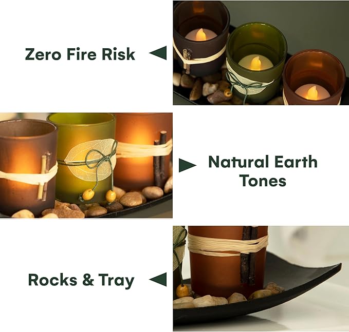 Dawhud Direct Decorative Votive Candle Holders, Vintage Decor Flameless Candlescape Set, 3 LED Tea Light Candles, Rocks and Tray - Fall Table Decor (Earth Tones) (Pack of 2)