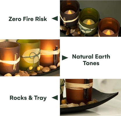 Dawhud Direct Decorative Votive Candle Holders, Vintage Decor Flameless Candlescape Set, 3 LED Tea Light Candles, Rocks and Tray - Fall Table Decor (Earth Tones) (Pack of 2)