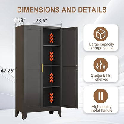Metal Kitchen Pantry Storage Cabinet with 2 Doors and 3 Adjustable Shelves,Pantry Cabinet with Adjustable Leveling Foot for Kitchen, Living Room, Dining Room（Black）