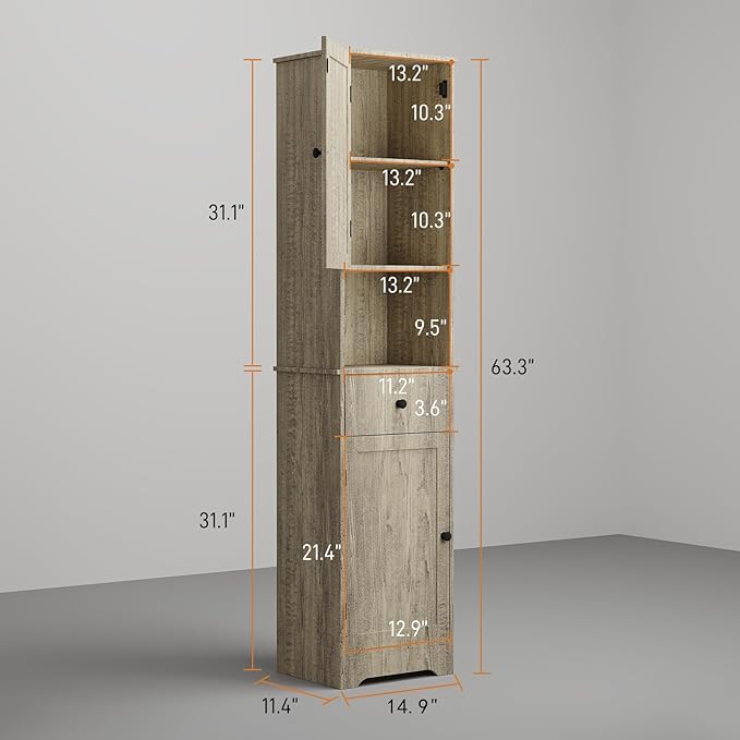 Tall Bathroom Cabinet, Storage Cabinet with 2 Doors & 2Drawer, with Ajustable Shelve, for Bathrooms, Kitchens,Entrances,Bedrooms（Grey）