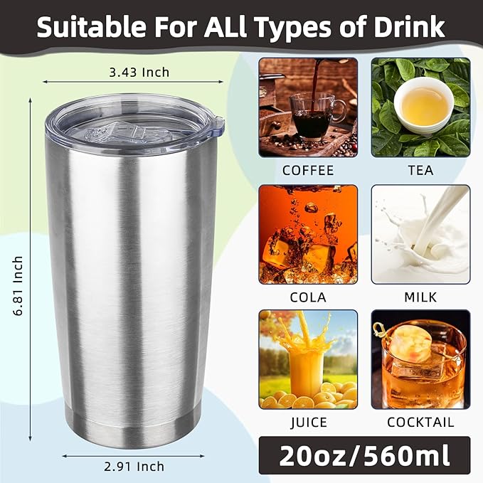 20oz Tumbler with Lid Stainless Steel Insulated Tumblers Travel Coffee Tumbler Bulk Double Wall Vacuum Insulated Water Cup Christmas Gifts for Women Men Her Him Home Office (Silver, 1pack)