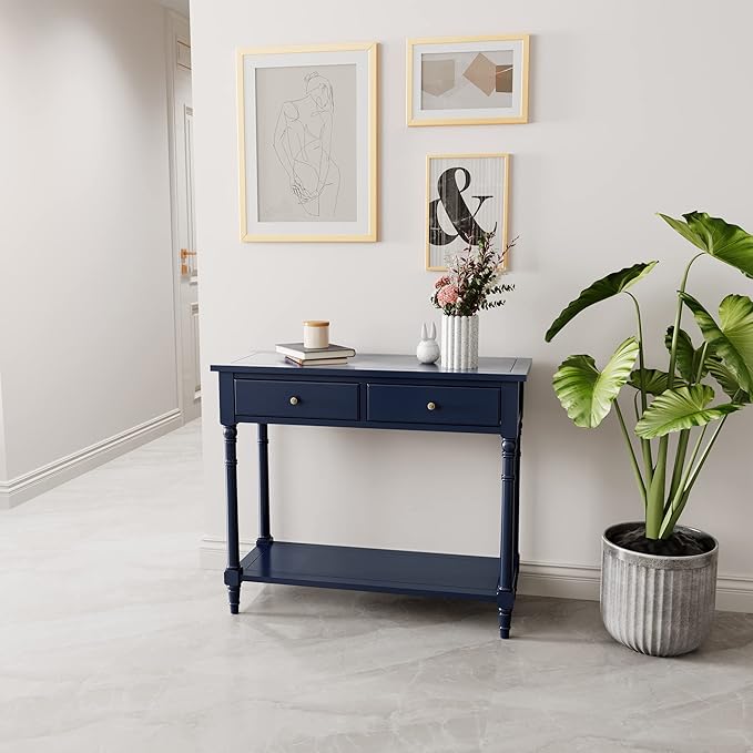 Solid Wood Console Table with 2 Drawers, 2-Tier 35.4" X 30" Accent Sofa Table with Multilayer Storage Shelf Rustic Hall Entryway Tables for Living Room Home Office-Blue