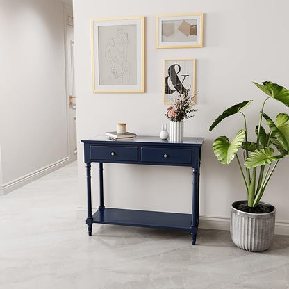 Solid Wood Console Table with 2 Drawers, 2-Tier 35.4" X 30" Accent Sofa Table with Multilayer Storage Shelf Rustic Hall Entryway Tables for Living Room Home Office-Blue