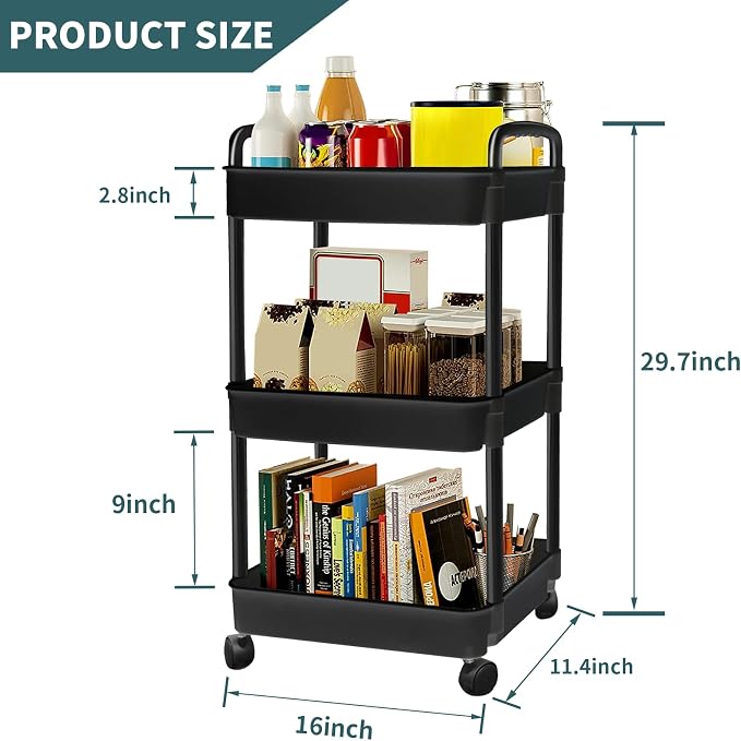 EZ COZY 3 Tier Rolling Cart, Plastic Diaper Cart Organizer with Wheels, Roller Cart for Diapers, Baby Nursery, Kitchen, Bathroom, Living Room and Bedside, Black