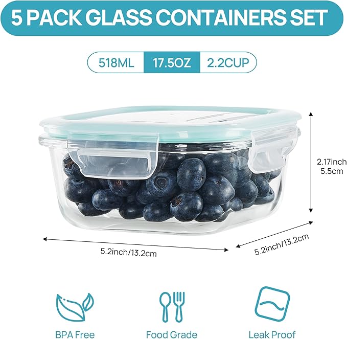 Vtopmart 5Pack 17.5oz Glass Storage Containers with Lids, Glass Meal Prep Food Container Sets with Snap Airtight Lid for Microwave, Oven, Freezer and Dishwasher, Green