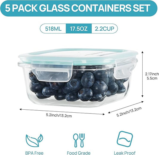 Vtopmart 5Pack 17.5oz Glass Storage Containers with Lids, Glass Meal Prep Food Container Sets with Snap Airtight Lid for Microwave, Oven, Freezer and Dishwasher, Green