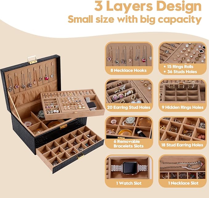 Gifturbo Jewelry Box for Women,Jewelry Boxes for Girls, 3 Layers Large Travel Jewelry Storage Organizer Box for Earring,Ring,Bracelets,Necklace